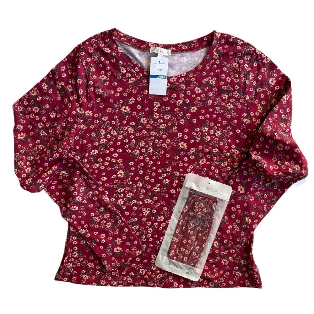 Ultra Flirt Burgundy Floral Top with Matching Face Mask | Size L - Picture 2 of 5